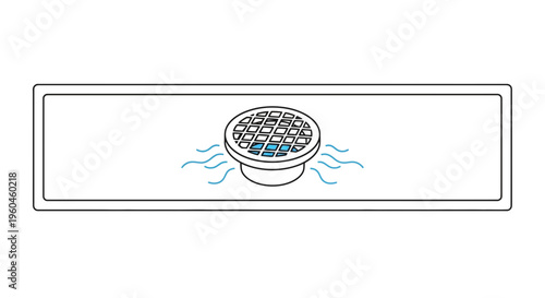 A clean line art illustration of a circular bathroom or kitchen drain with flowing water