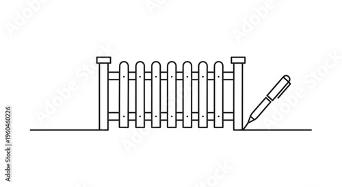 Continuous line art depicting a pen sketching a charming picket fence illustration