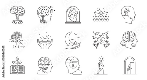 Mental Health and Psychology Line Icon Set for Wellness and Therapy