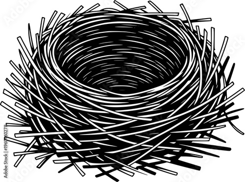 Black and white of an empty bird nest made of twigs and straw