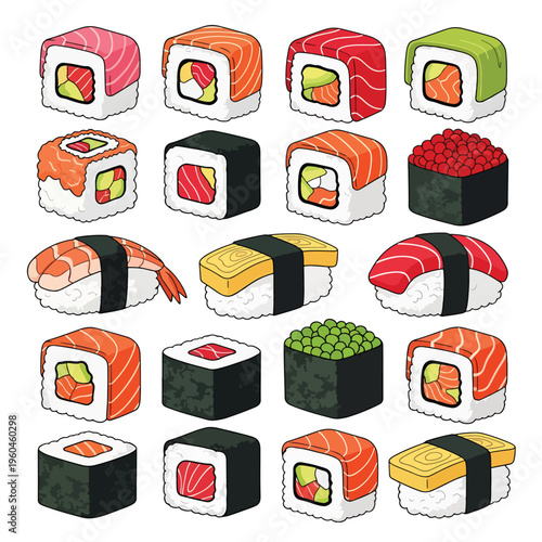 Appetizing Colorful Japanese Sushi and Maki Rolls Vector Illustration Collection