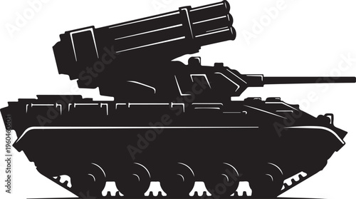 Military tank, combat vehicle, black silhouette, vector illustration, warfare machine, armored