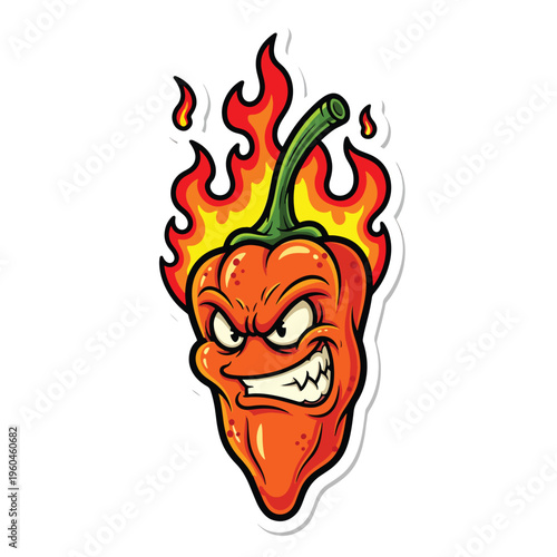 Intense cartoon red pepper blazing with flames, showcasing a fierce and spicy expression