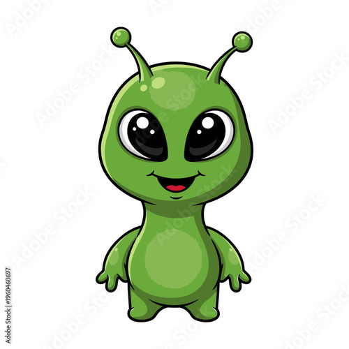 Cute Green Alien Cartoon Character Standing with Big Eyes.