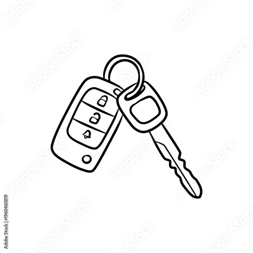 Car Key with Remote Fob Line Art Illustration