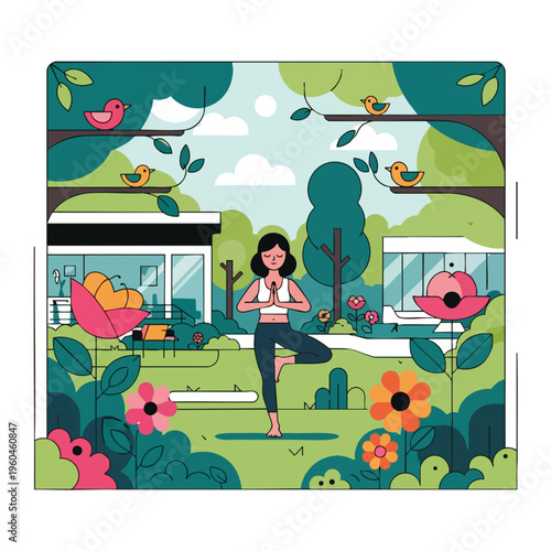 Woman practicing tree pose yoga in a lush, modern garden with birds on trees