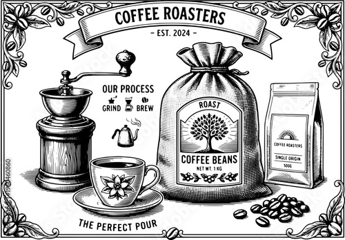 Vintage Coffee Roaster Illustration - Retro Coffee Beans Bag, Manual Grinder and Perfect Pour Cup with Ornate Frame - Coffee Shop Decor Vector Art