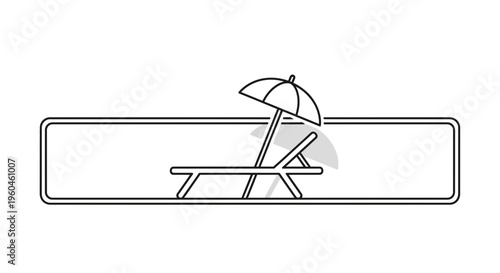 Minimalist summer vacation icon featuring a beach chair and umbrella within a sleek rectangular