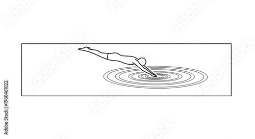 Person gracefully diving into calm water creating expanding ripples, a sleek black and white line