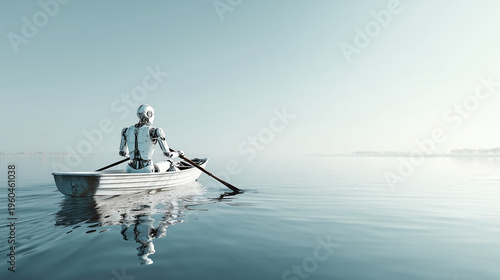 Robot rowing boat on calm water, futuristic scene
