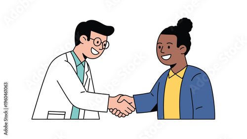 Smiling Doctor and Patient Shaking Hands. Professional Healthcare Consultation, Medical Partnership, or Business Agreement. Vector Illustration.