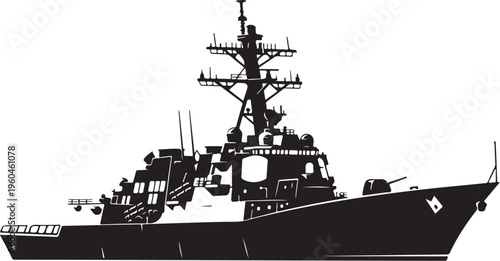 Military warship, naval vessel, black silhouette, vector illustration, warfare ship