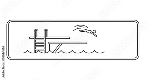 Dynamic line icon of a person diving into a swimming pool from a high board, symbolizing aquatic