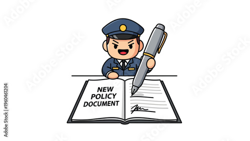 Cartoon officer signing new policy document with a pen. Official character enforcing rules or creating regulations. Illustration.