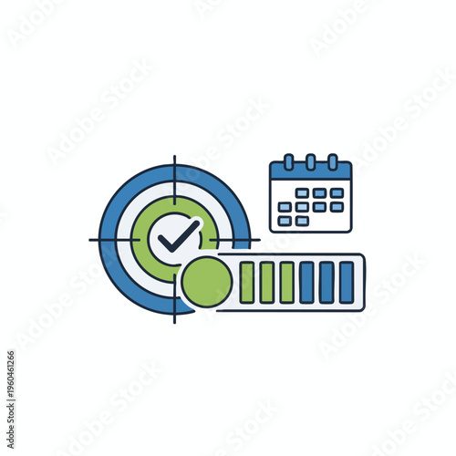 Goal setting, progress tracking, and calendar icons on a white background