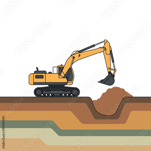 Yellow Excavator Digging Trench On Layered Earth Ground Construction Machine Vehicle Equipment