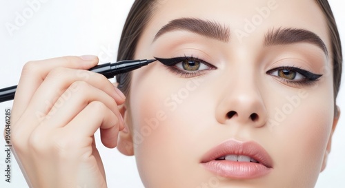 Woman applying eyeliner to her eye with a brush for a makeup look