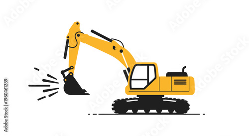 Yellow Excavator Digging With Dirt Splatter Motion Effect