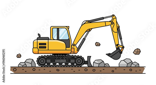 Yellow Excavator Digging Up Rocks Construction Industry Machine