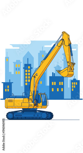 Yellow Excavator Machine Building City Skyline Construction Site