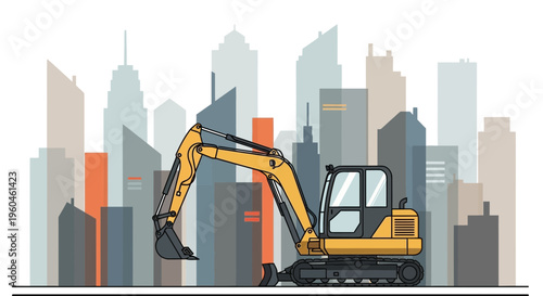 Yellow Excavator Machine Building Cityscape Modern Urban Development Scene