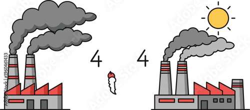 Cartoon illustration depicting industrial factories with smoking chimneys, symbolizing significant air pollution, environmental damage, and climate change concerns.
