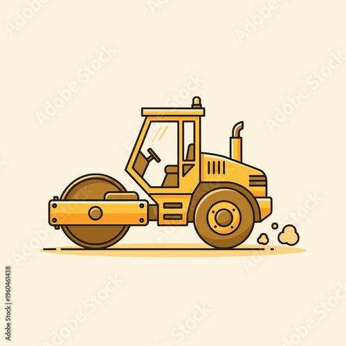 Vibrant Yellow Road Roller Machine Performing Compaction Work Isolated On Simple Background
