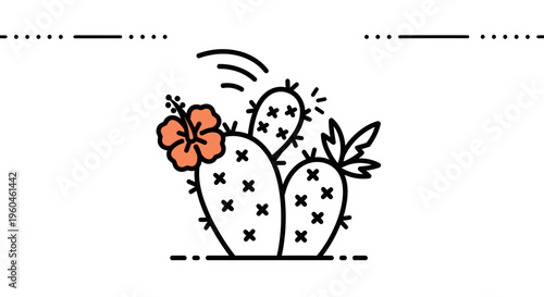 Stylized desert garden icon featuring vibrant hibiscus bloom amidst spiky cacti plants