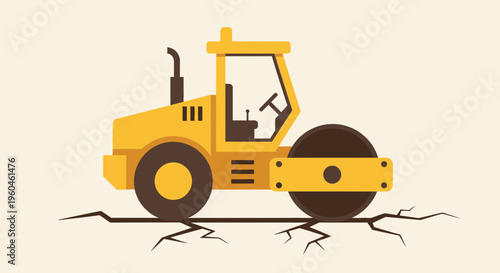 Yellow Compactor Machine Crushing Cracked Ground Surface Flat Design