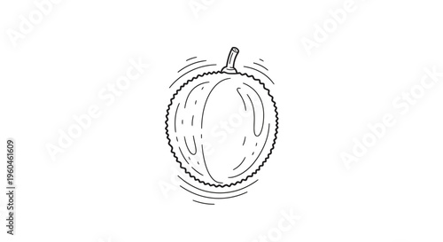 Stylized monochrome drawing of an exotic spiky fruit with subtle movement lines creating a unique