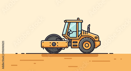 Vibrant Yellow Steamroller Compacts Ground On A Light Yellow Background Illustration