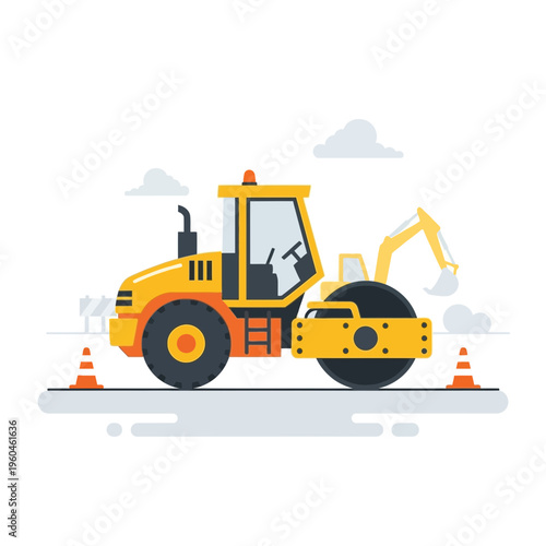 Vibrant Construction Roller Machine Operating On Site With Safety Cones
