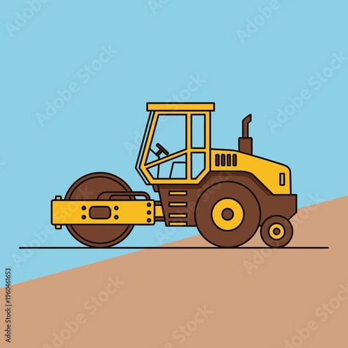 Vibrant Yellow Steamroller Compacts Ground Under Blue Sky