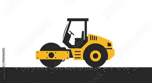 Vibrant Yellow Steamroller Machine Compacting Surface Flat Design Illustration
