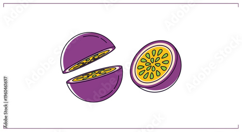 Vibrant tropical passion fruit illustration with cut halves showing juicy seeds and purple skin