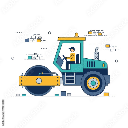 Vibrant Flat Design Steamroller Construction Vehicle Illustration For Projects