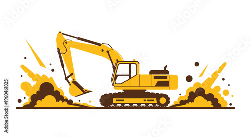 Yellow Excavator Machine Digging Earth With Flying Debris