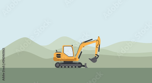 Yellow Excavator Machine Digging Ground on Hilly Landscape Illustration