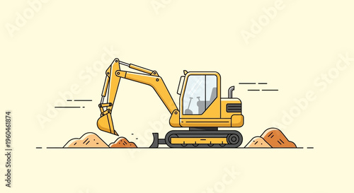 Yellow Excavator Machine Digging Ground Sand Construction Site Graphic