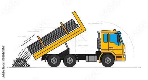 Yellow Dump Truck Unloading Steel Rebar Construction Material Industry Scene