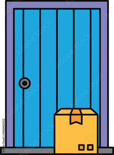 Contactless delivery box at front door, package on doorstep, blue house entrance vector