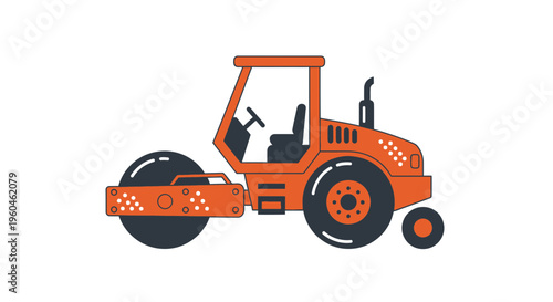 Vibrant Orange Road Roller Machine Simple Flat Design Illustration