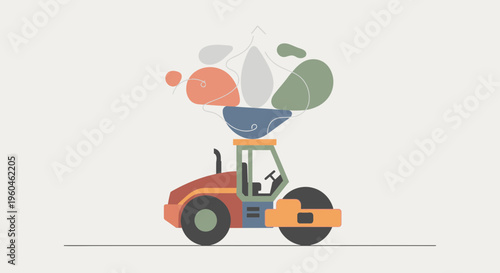 Whimsical Steamroller Carrying Abstract Cloud Shapes Artistic Representation