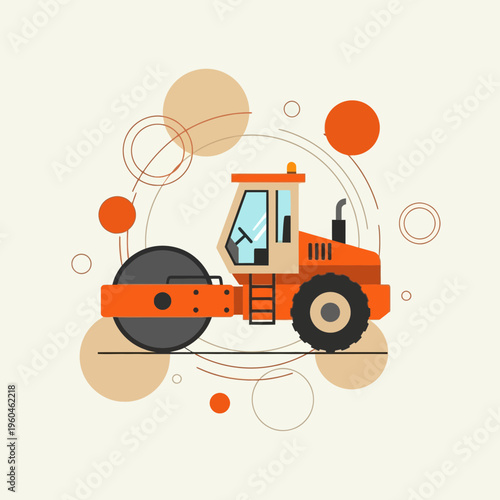 Vibrant Orange Steamroller Machine Illustration Flat Design