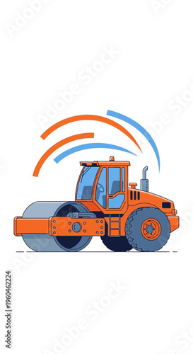 Vibrant Orange Steamroller Machine Operating Smoothly On Construction Site
