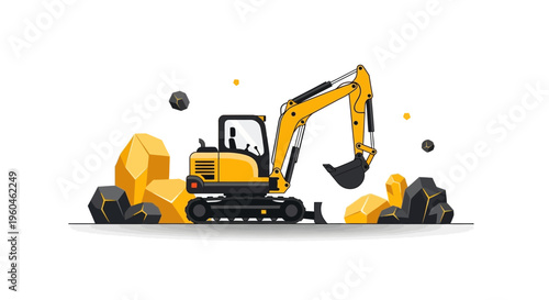 Yellow Excavator Digging Amongst Geological Treasures For Resource Extraction