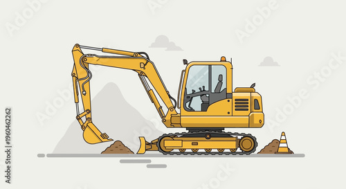 Yellow Excavator Digging And Moving Dirt On A Construction Site