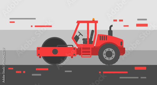 Vibrant Red Road Roller Machine Compacting Asphalt Surface