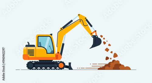Yellow Excavator Digging And Moving Earth And Soil On Construction Site