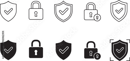 Security icons, shield symbols, lock graphics, 10 protection signs, vector set